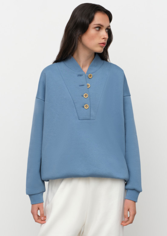 Jeans colour footer sweatshirt with wooden buttons